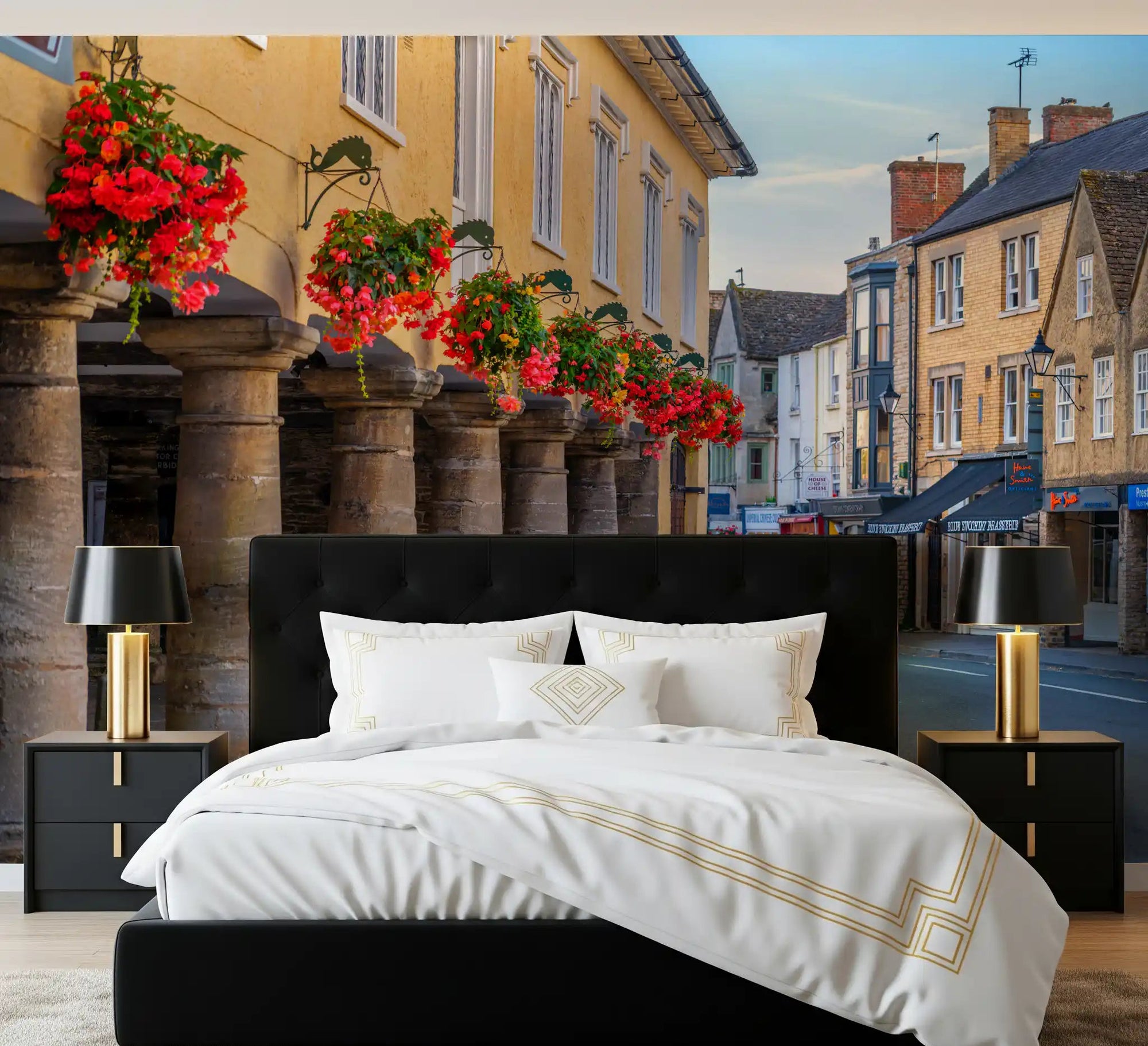 Stone archway and red blooms mural in a bedroom with village street., GD10427