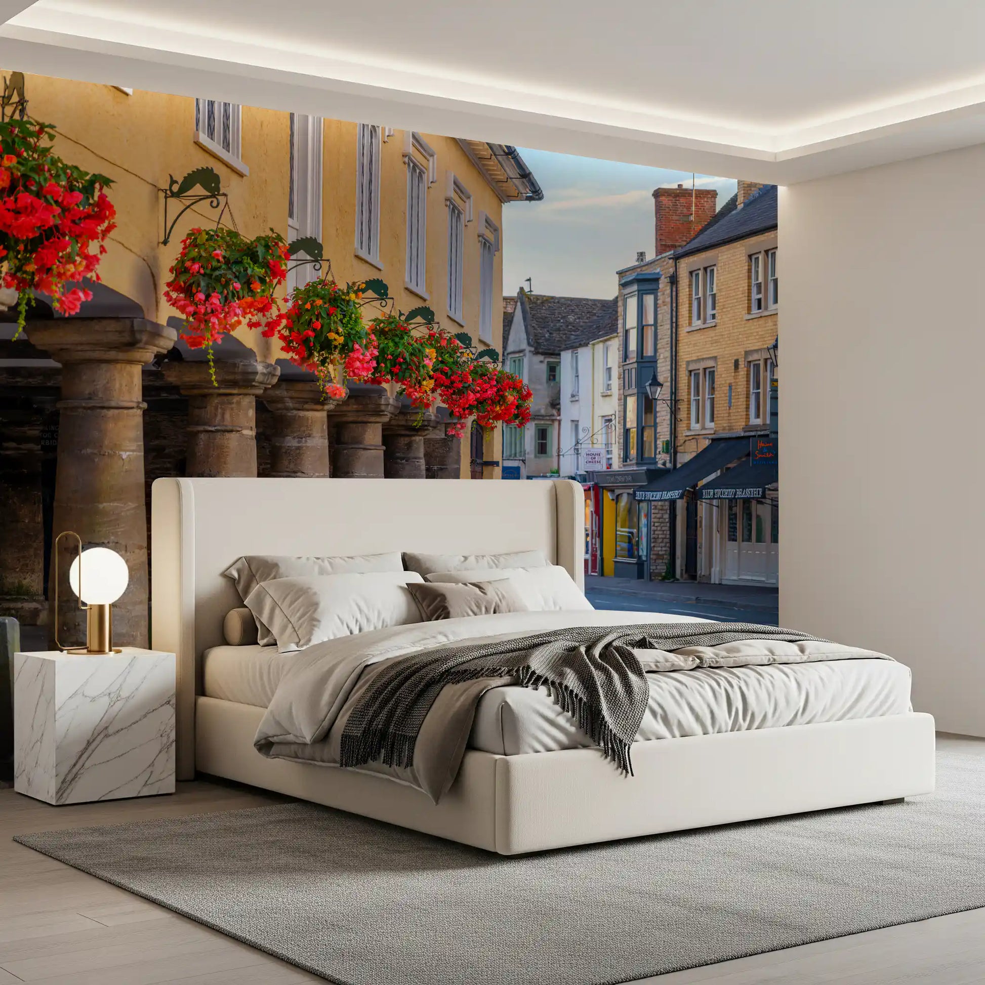 Colourful shopfronts and slate rooftops in village archway wall mural for bedroom., GD10427