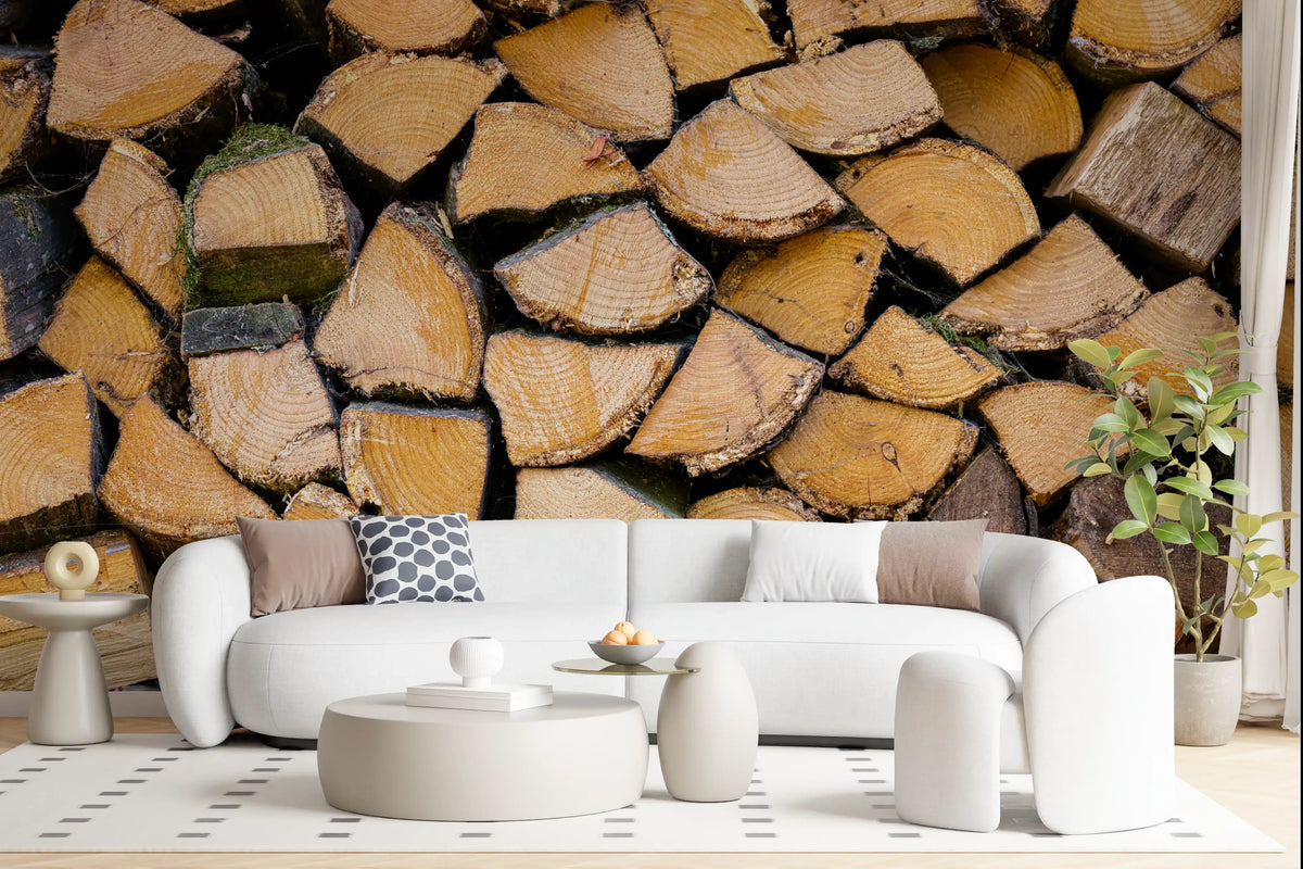 Rustic wood stack wall mural in a living room with warm honey tone., GD10428