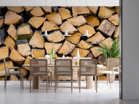 Golden brown firewood stack mural with moss detail between logs., GD10428