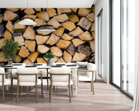 Stacked firewood wall mural showing golden brown timber pieces., GD10428