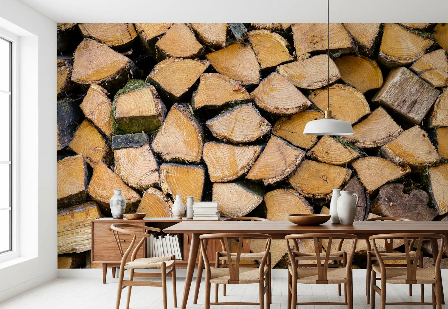 Weathered wood stack texture wall mural with beige and brown log ends., GD10428