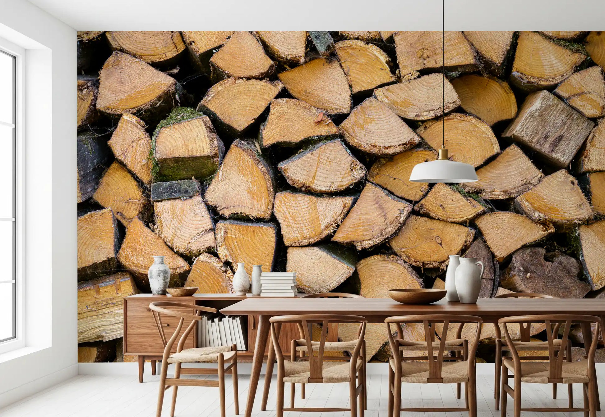 Weathered wood stack texture wall mural with beige and brown log ends., GD10428
