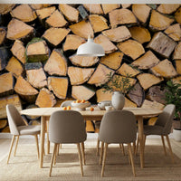 Stacked firewood texture wall mural featured in a dining room space., GD10428