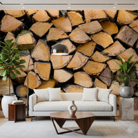 Rustic wood stack texture wall mural with split log ends and grain rings., GD10428