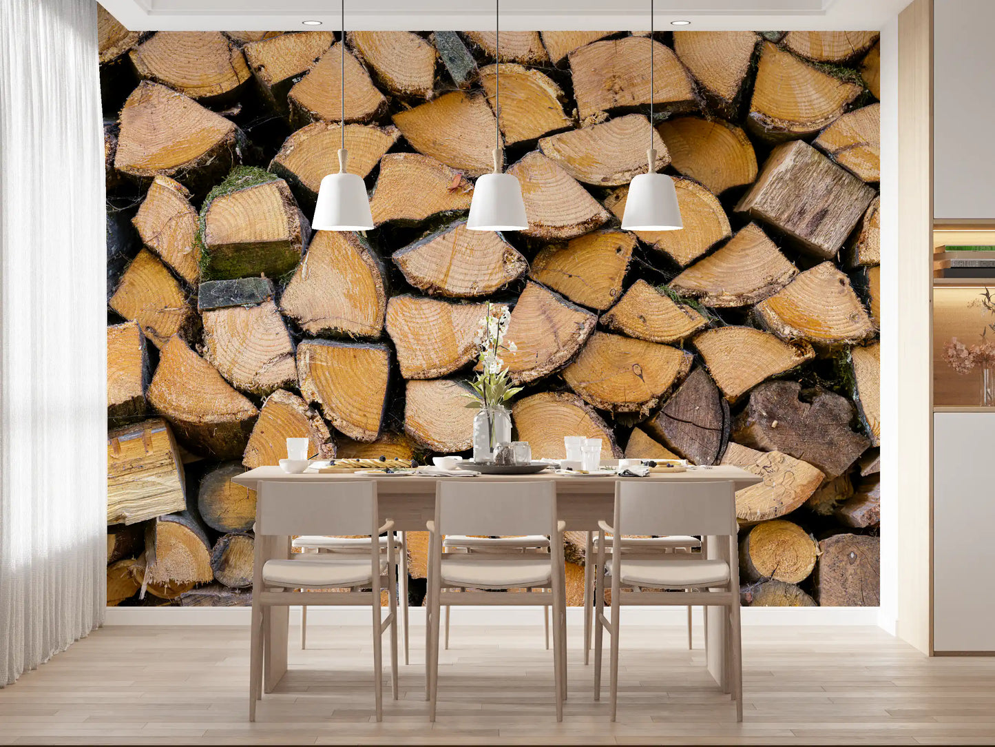 Chopped wood log ends wall mural with natural bark and amber tones in dining room., GD10428