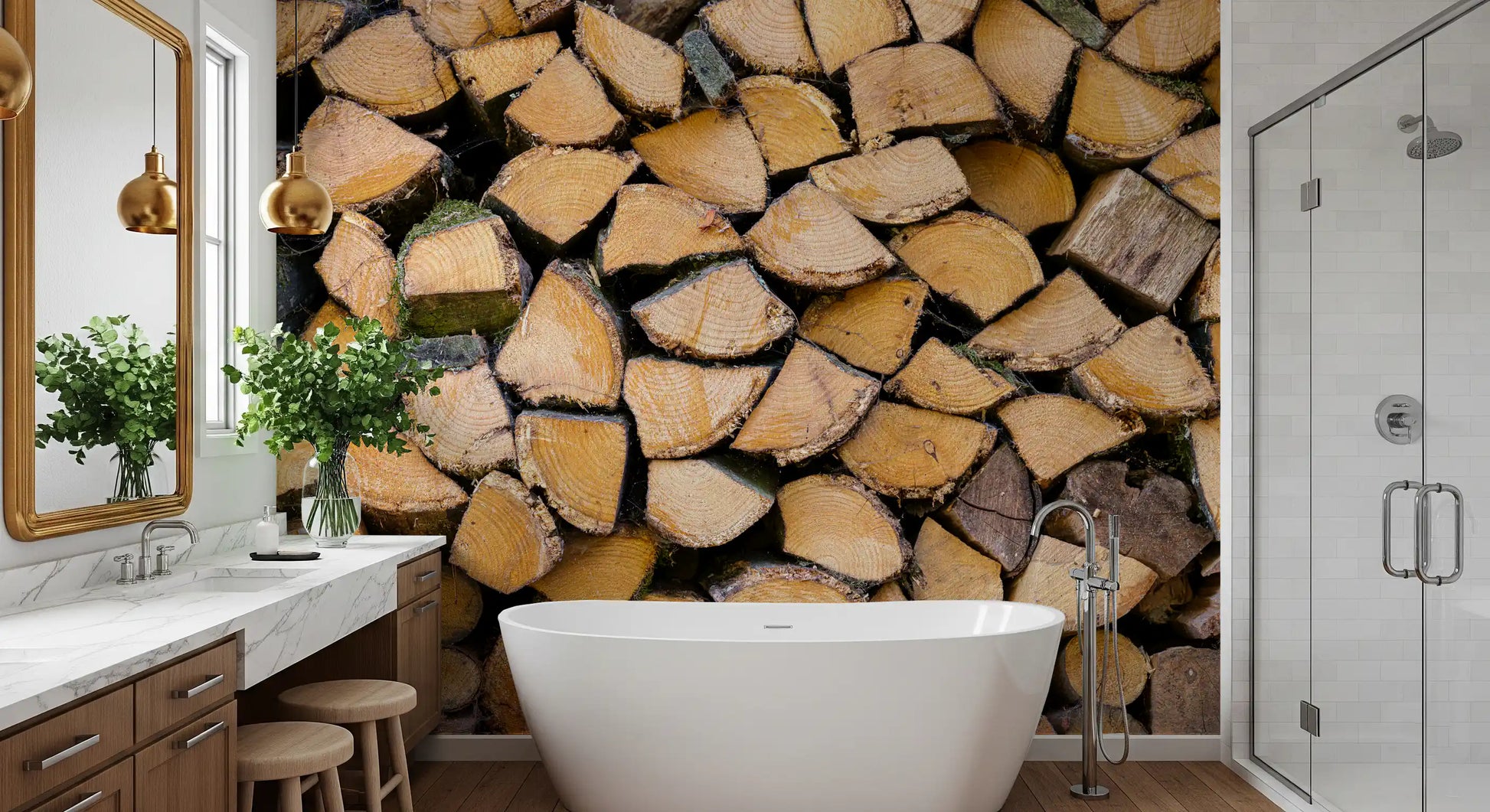 Rustic timber wedge and half-round log pattern wall mural in bathroom., GD10428
