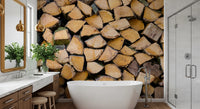 Rustic timber wedge and half-round log pattern wall mural in bathroom., GD10428