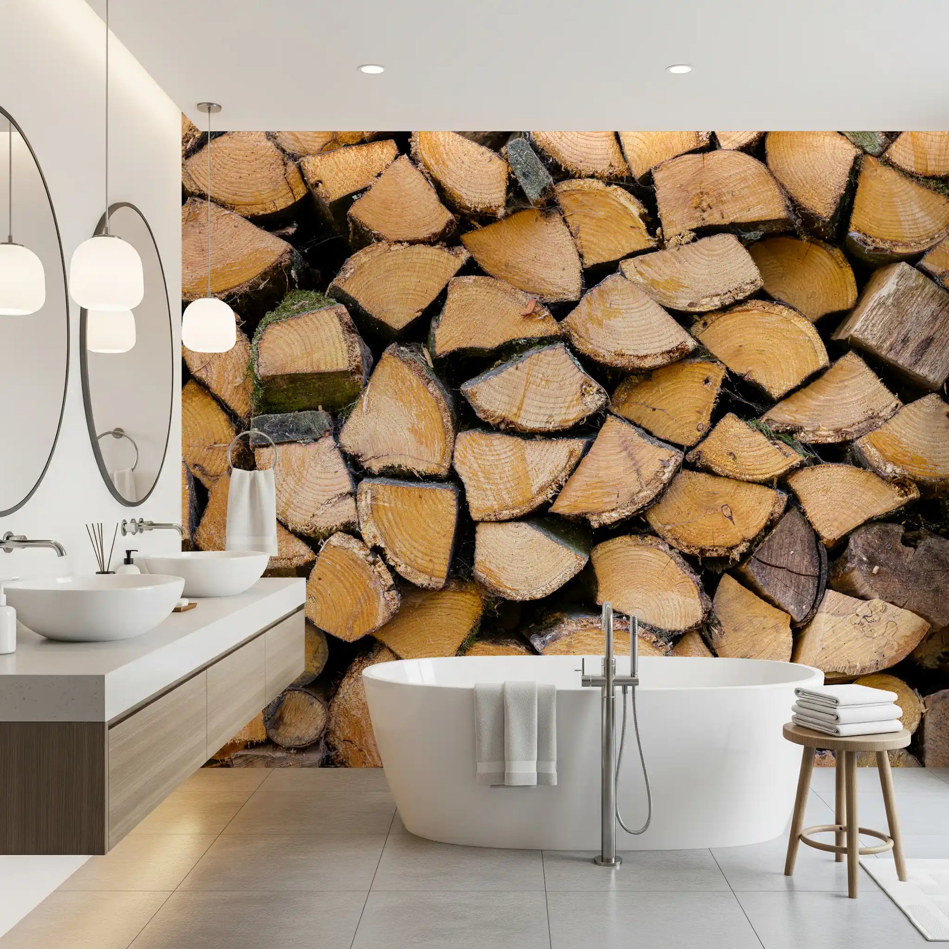 Tightly packed split log texture wall mural with varied wood shapes in bathroom., GD10428