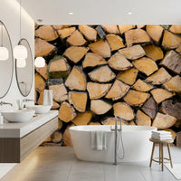 Tightly packed split log texture wall mural with varied wood shapes in bathroom., GD10428