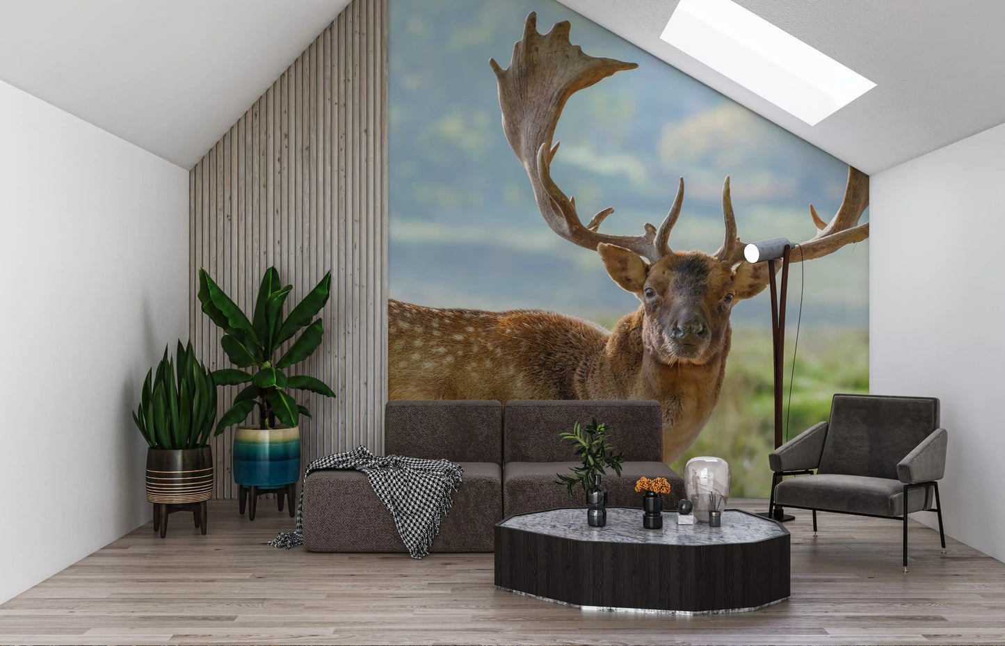 Woodland regent wall mural with soft blue-grey mist and wild grass., GD10429