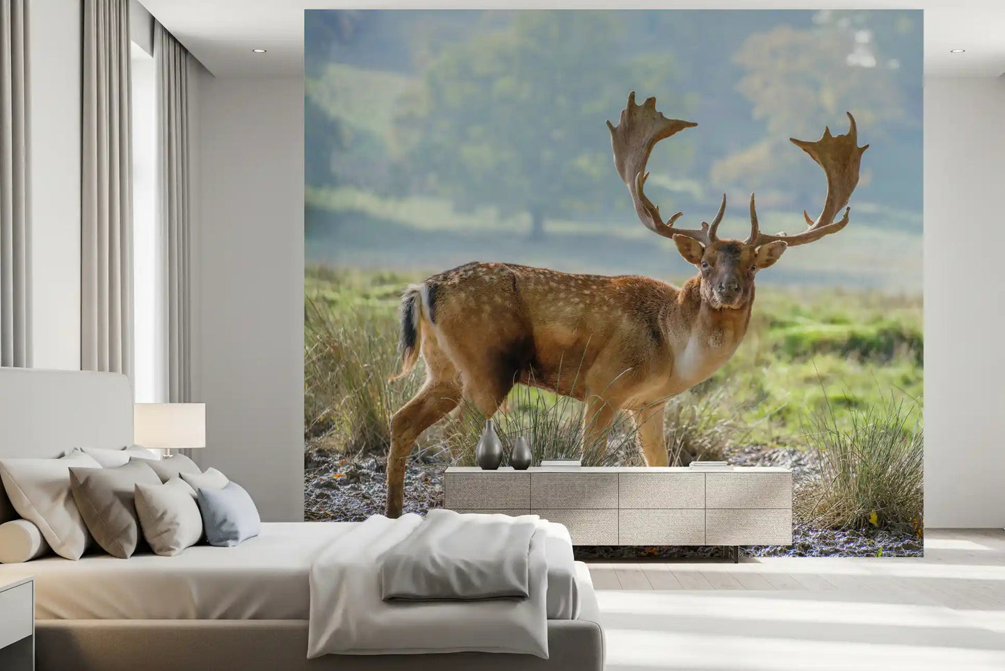 Spotted fallow deer stag wall mural with tawny brown tones in bedroom., GD10429