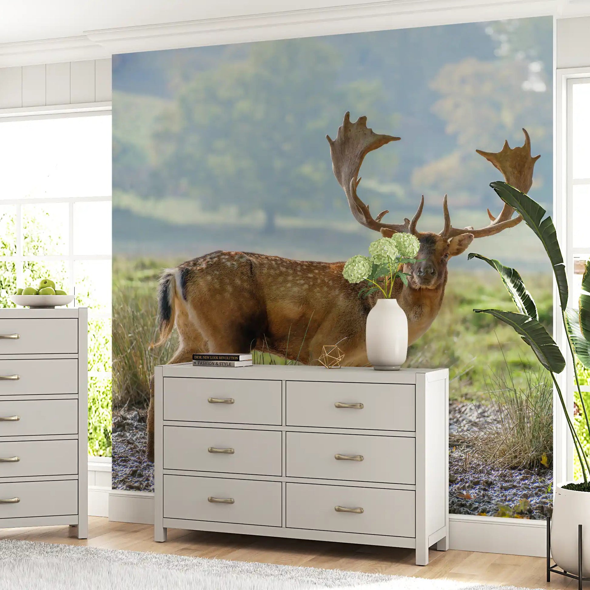 Misty green landscape wall mural with deer stag and scattered pebbles., GD10429