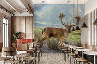 Woodland regent mural featuring stag standing in wild grass in cafe., GD10429