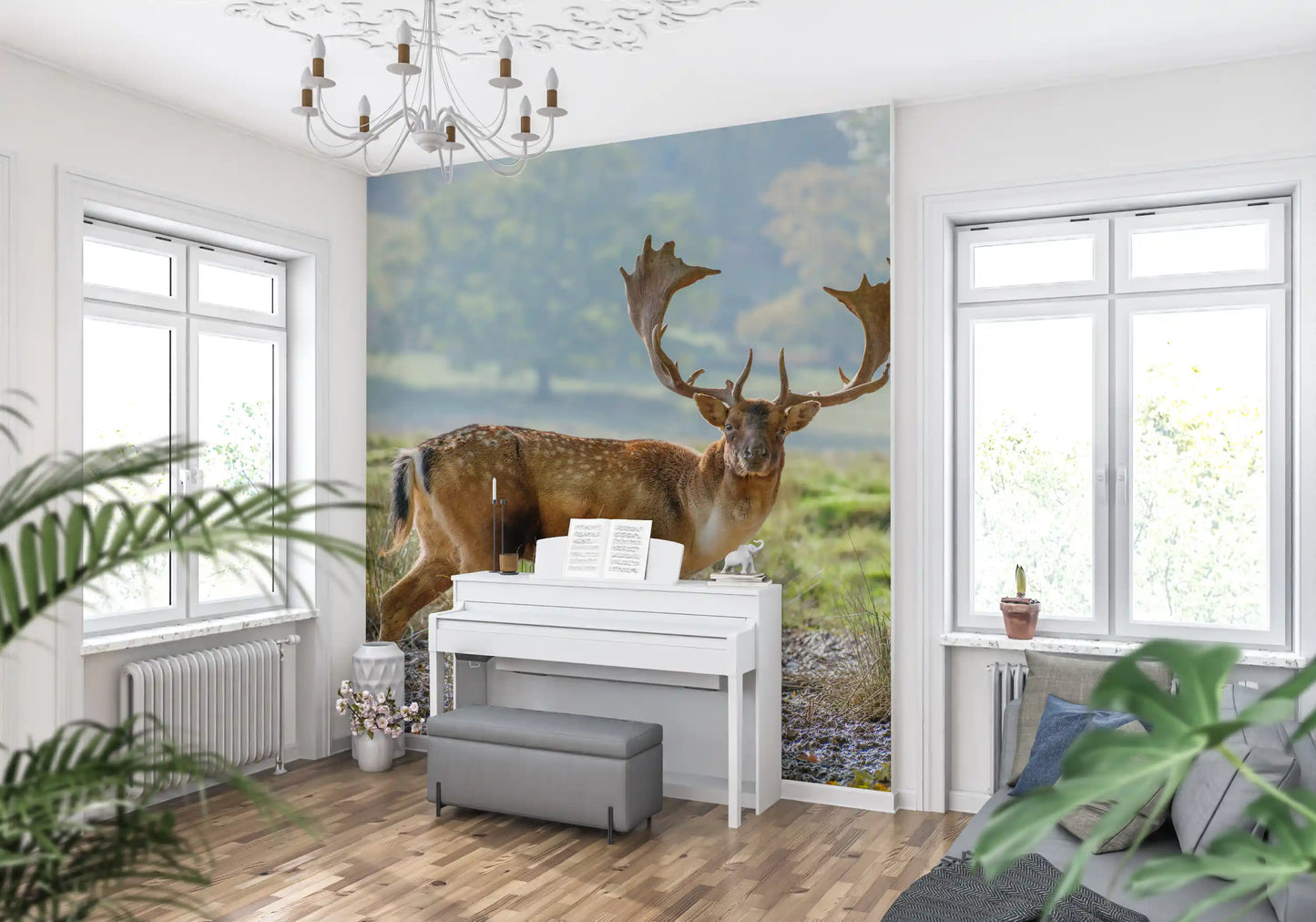 Misty meadow deer wall mural with green treeline in background., GD10429