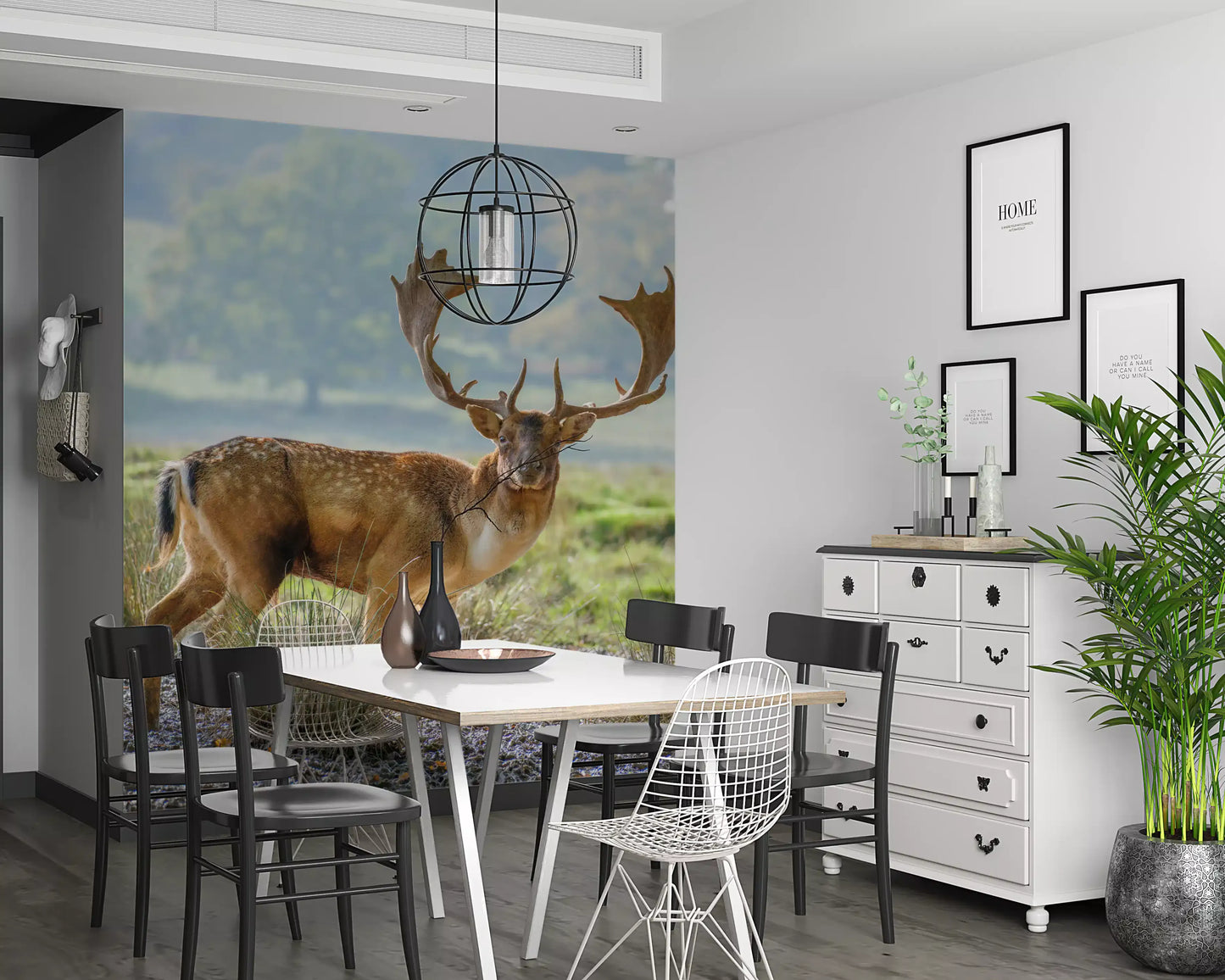 Deer stag wall mural displayed in a dining room with brown tone., GD10429