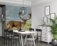 Deer stag wall mural displayed in a dining room with brown tone., GD10429