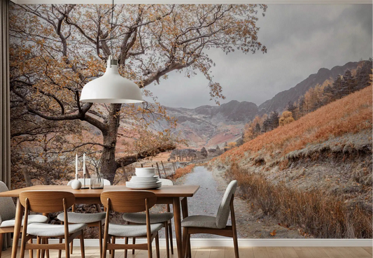 Golden valley mountain mural featured in a dining room space.