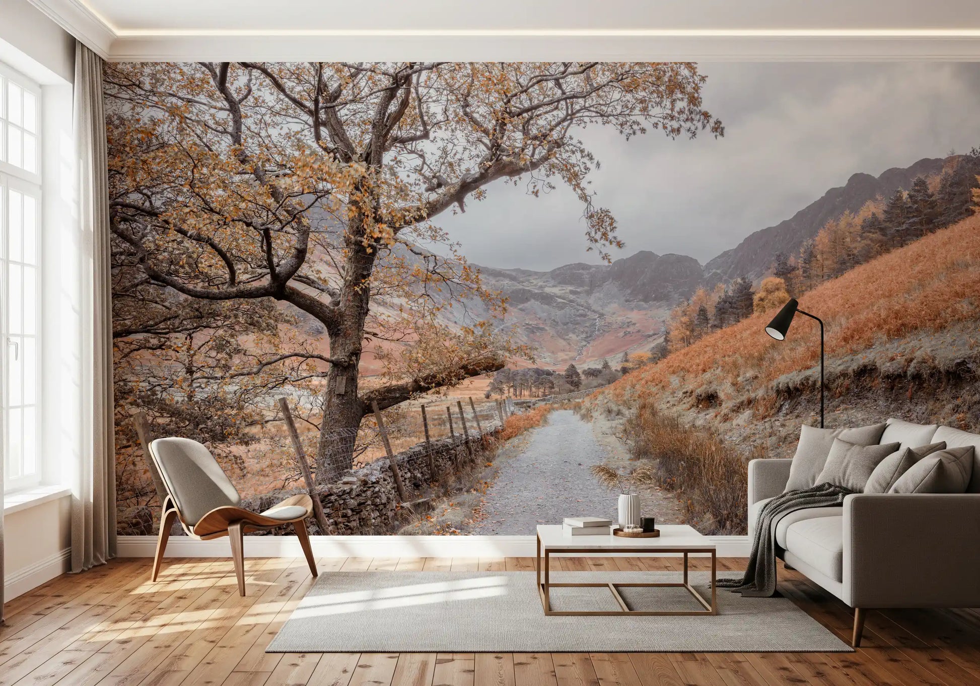 Golden valley mural with Fallen leaves on pathway with rugged peaks., GD10430