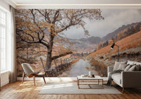 Golden valley mural with Fallen leaves on pathway with rugged peaks., GD10430