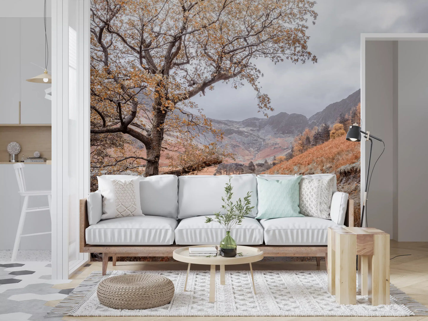 Golden valley trail wall mural with autumn tree and gravel path in dining room., GD10430