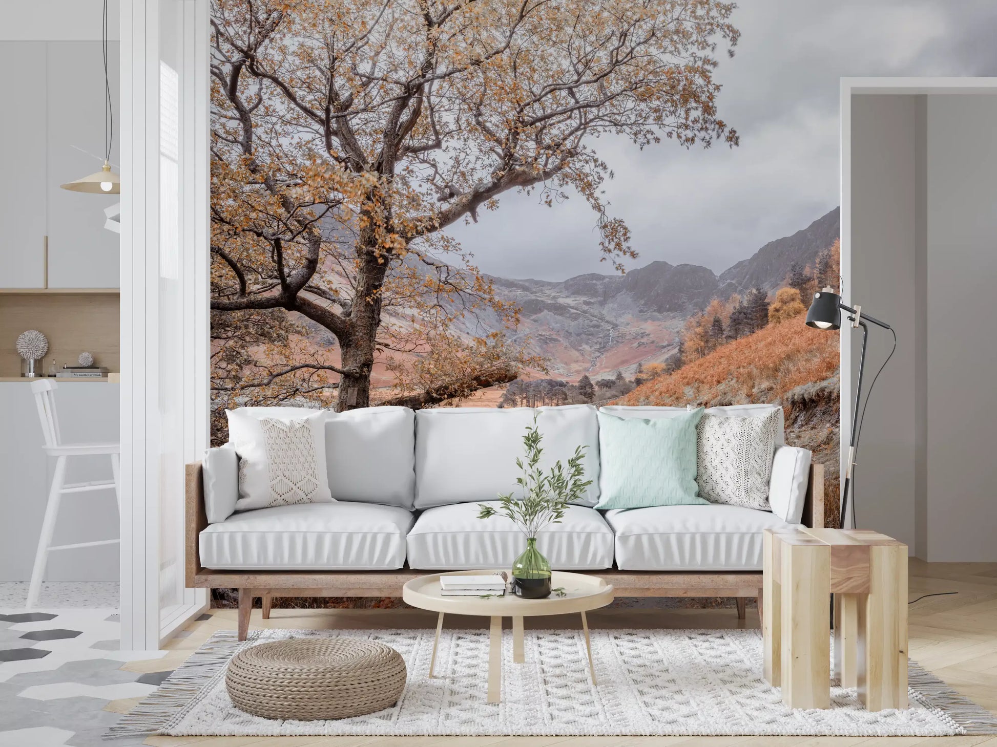 Golden valley trail wall mural with autumn tree and gravel path in dining room., GD10430