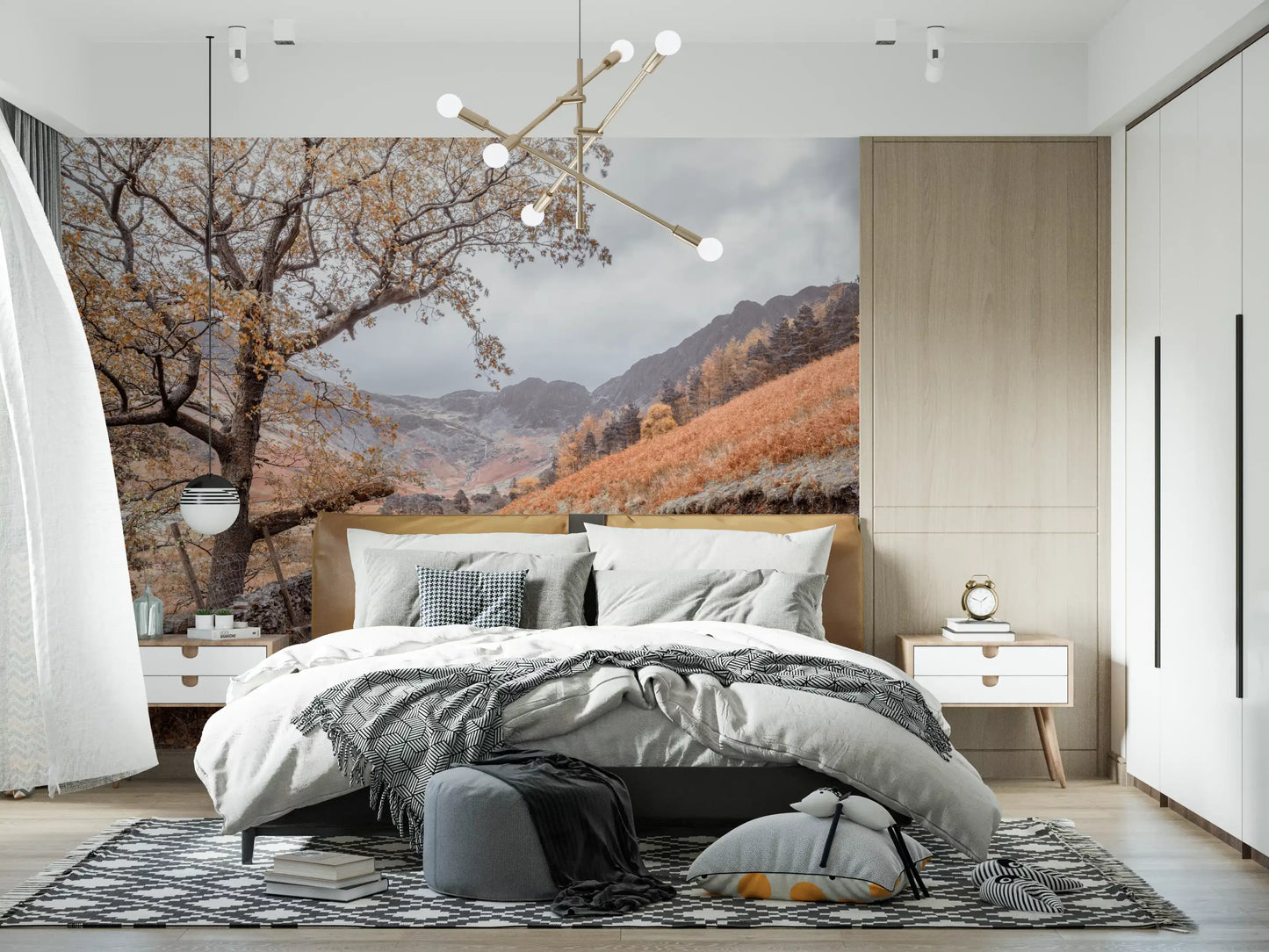 Autumn valley trail wall mural displayed in a bedroom with nature view., GD10430
