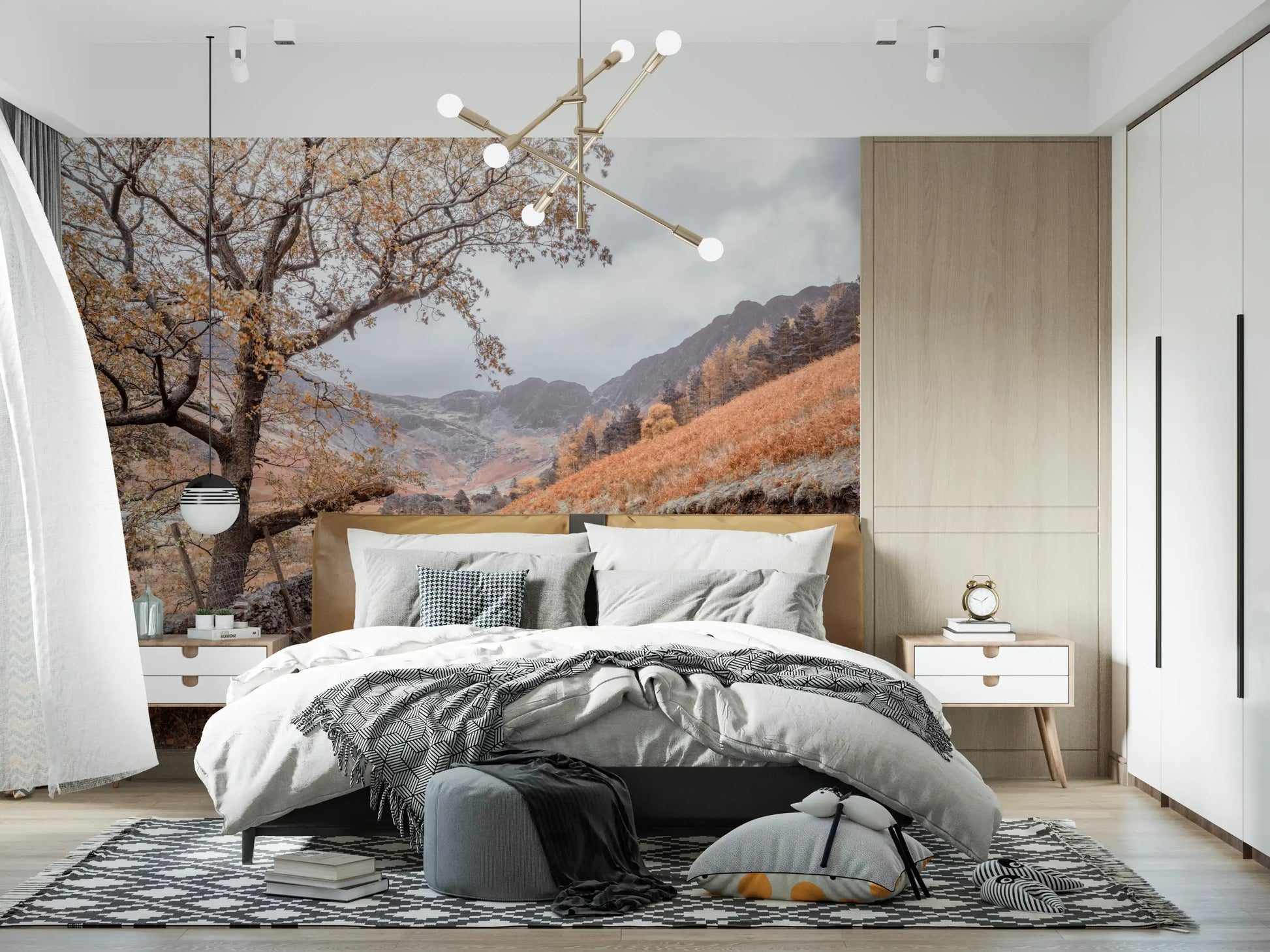 Autumn valley trail wall mural displayed in a bedroom with nature view., GD10430
