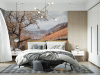 Autumn valley trail wall mural displayed in a bedroom with nature view., GD10430