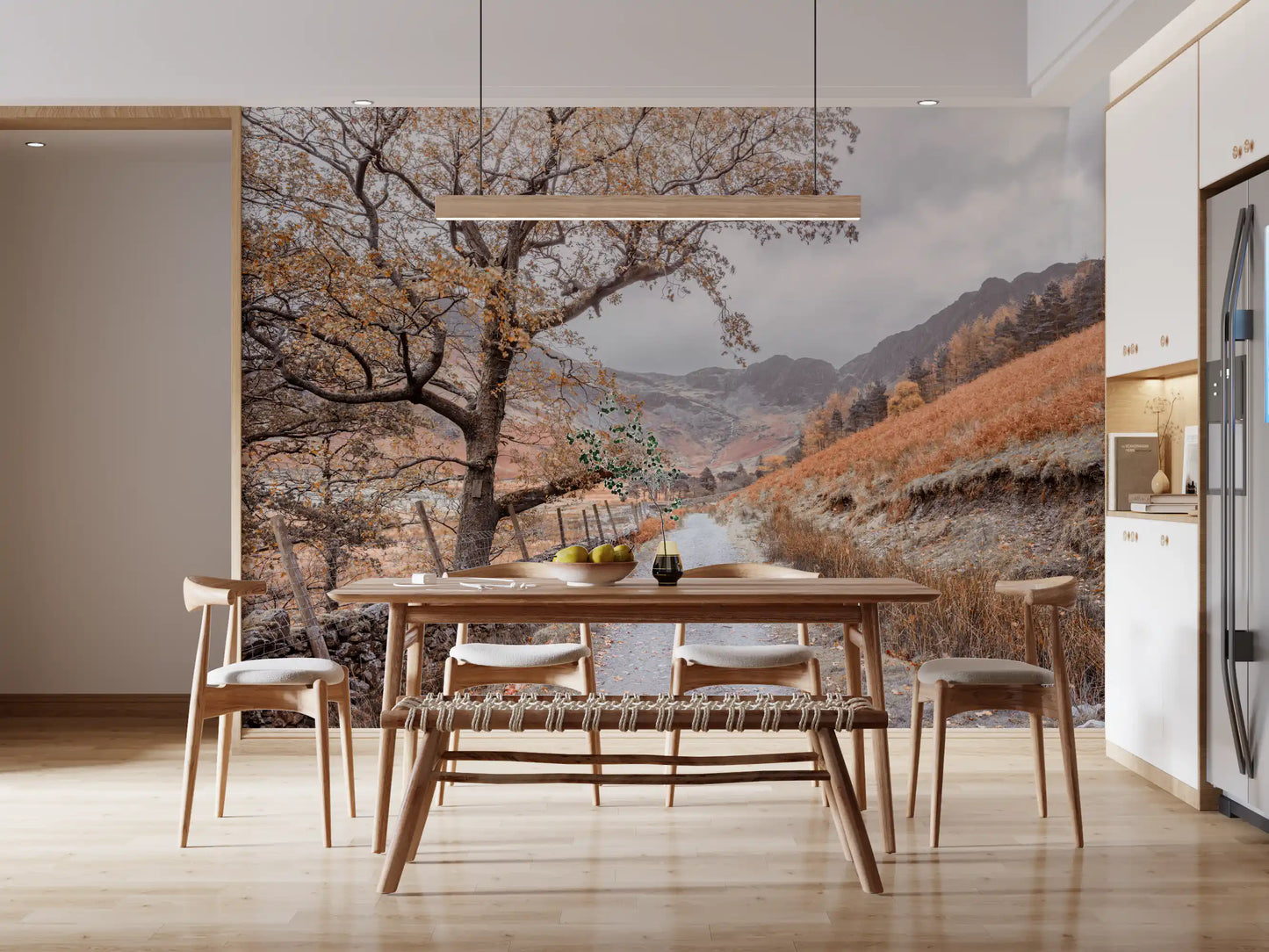 Burnt-orange hillside grass and conifers in autumn valley mural., GD10430