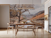 Burnt-orange hillside grass and conifers in autumn valley mural., GD10430