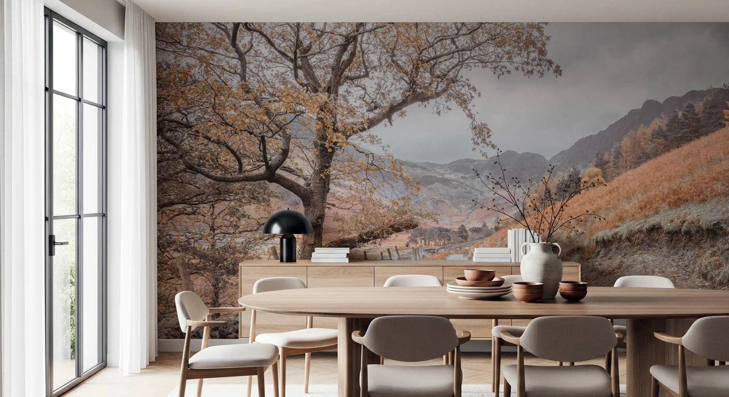 Autumn mountain valley mural showing narrow trail and stone wall., GD10430