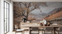 Autumn mountain valley mural showing narrow trail and stone wall., GD10430