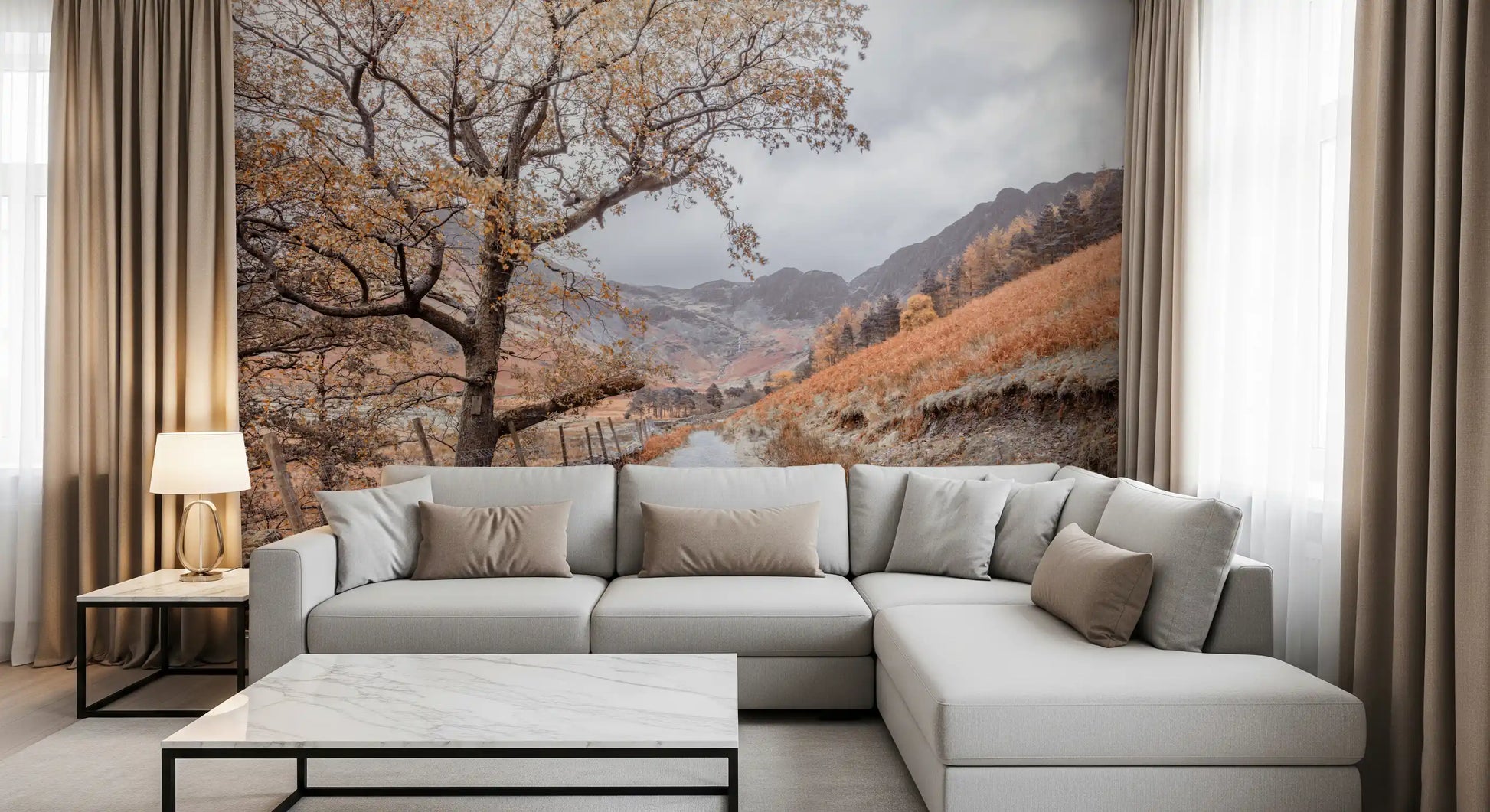Overcast sky above autumn tree branches in mountain valley mural., GD10430