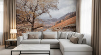 Overcast sky above autumn tree branches in mountain valley mural., GD10430