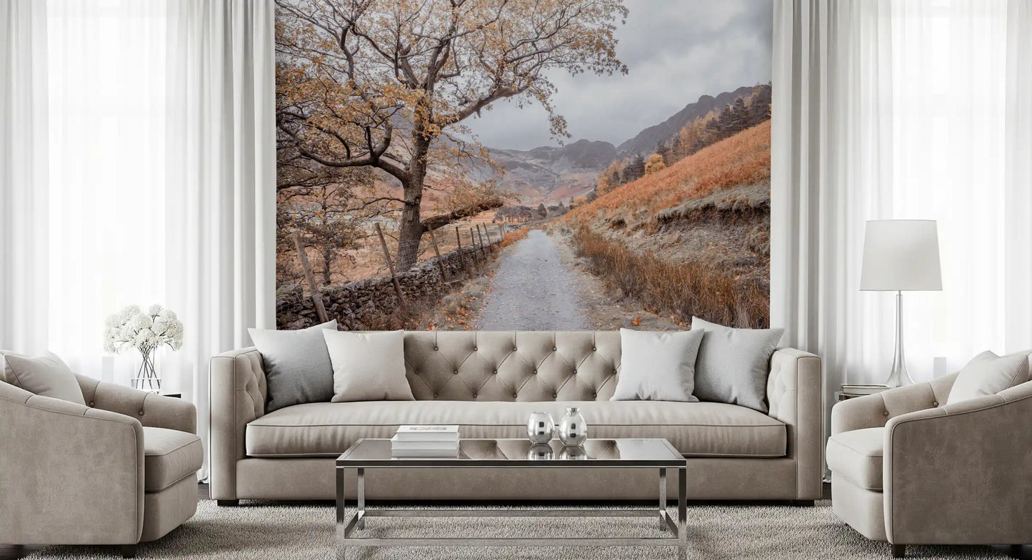 Golden valley trail mural featuring misty grey mountains in distance., GD10430