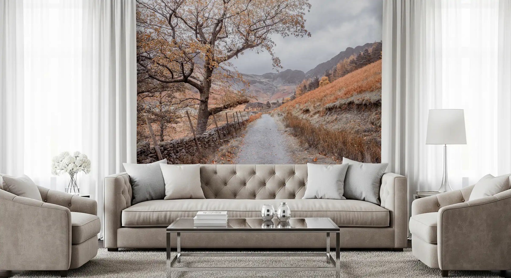 Golden valley trail mural featuring misty grey mountains in distance., GD10430