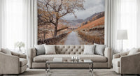 Golden valley trail mural featuring misty grey mountains in distance., GD10430