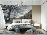 Still mountain lake wall mural featured in a bedroom with overcast sky., GD10431