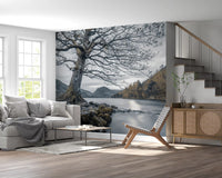 Mountain lake wall mural with silvery water and overcast sky., GD10431