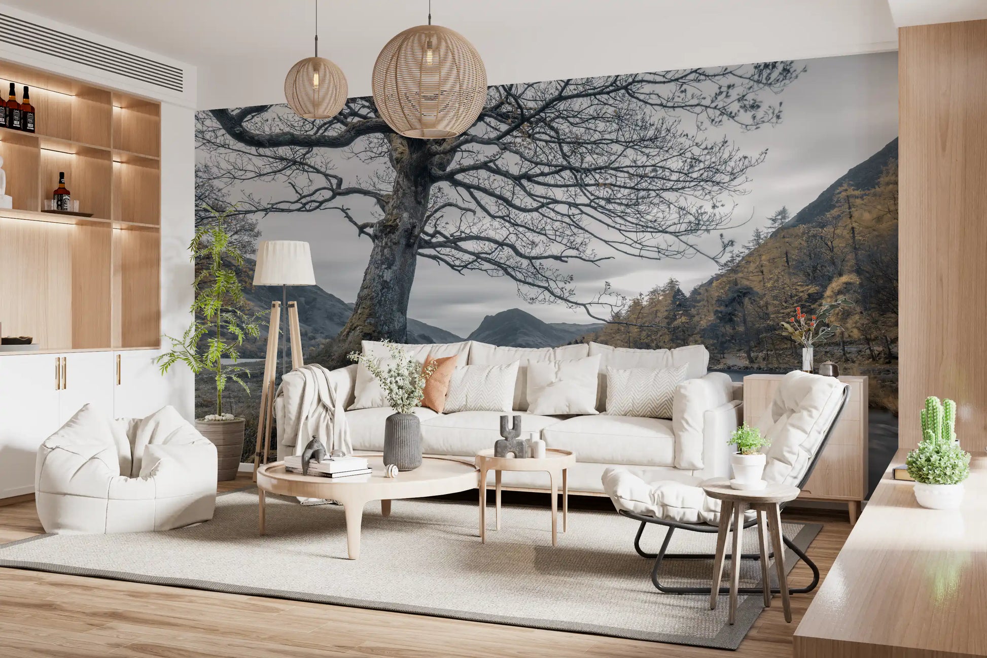 Golden-amber hillside foliage flanking mountain lake in oak wall mural., GD10431