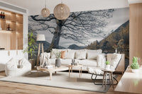 Golden-amber hillside foliage flanking mountain lake in oak wall mural., GD10431