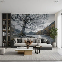 Central mountain peak veiled wall mural with haze beyond still lake waters., GD10431
