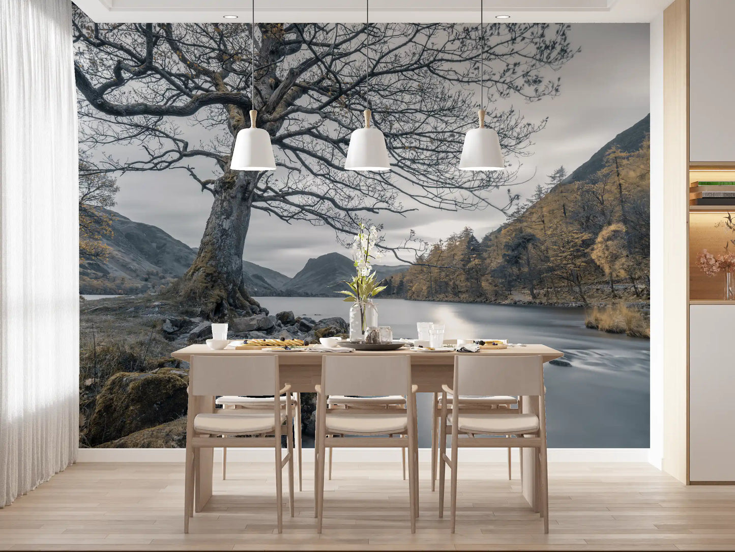 Bare branch oak tree mural with moss-covered boulders at lakeshore in dining room., GD10431