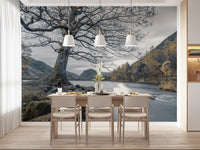 Bare branch oak tree mural with moss-covered boulders at lakeshore in dining room., GD10431