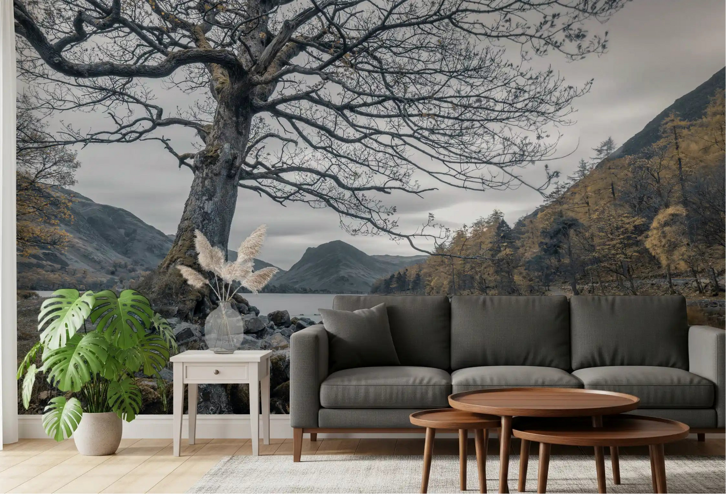 Ancient oak lakeside wall mural displayed in a living room., GD10431