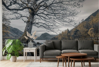 Ancient oak lakeside wall mural displayed in a living room., GD10431