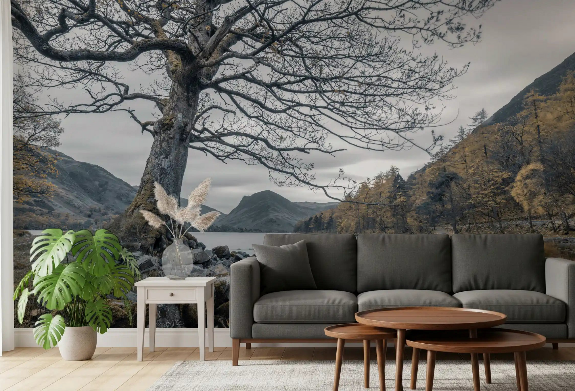 Ancient oak lakeside wall mural displayed in a living room., GD10431