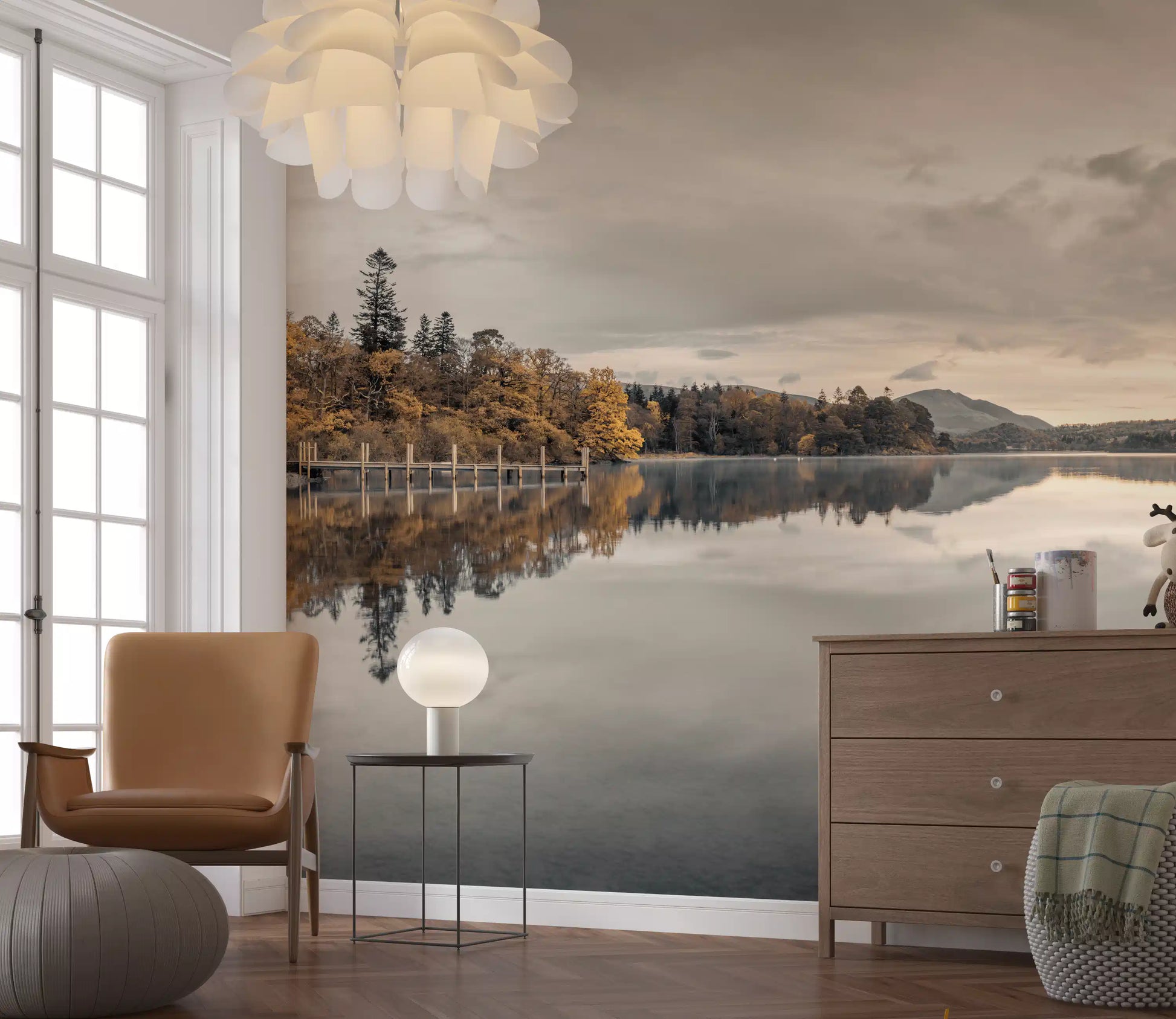 Golden lakeside tranquility wall mural with still water and autumn reflections., GD10432