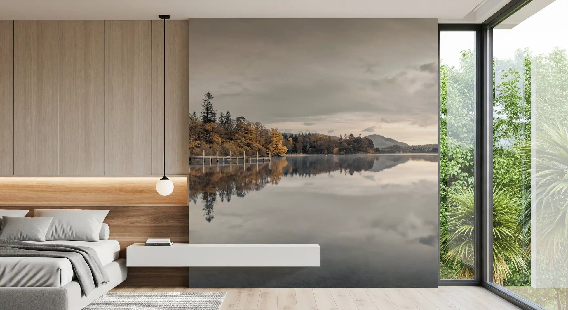 Golden lakeside tranquility wall mural featured in a bedroom., GD10432